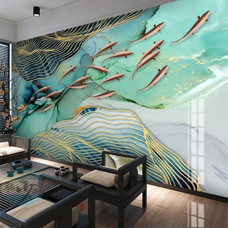 

beibehang New Chinese abstract artistic conception gold line koi zen mural wall custom mural green wallpaper papel de parede