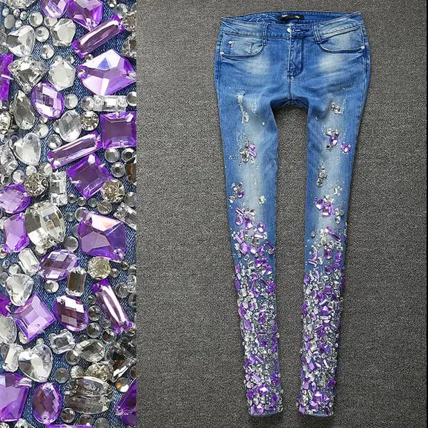 

Women Silver Jeans with Rhinestones Sequins Jeans with Crystal Diamond Skinny Pencil jeans