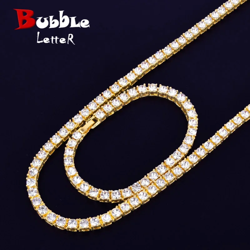 Bubble litera 1 rząd 5mm naszyjnik do tenisa i zestaw bransoletek kryształki w kolorze złota Choker łańcuszek męski Hip Hop biżuteria Street Rock