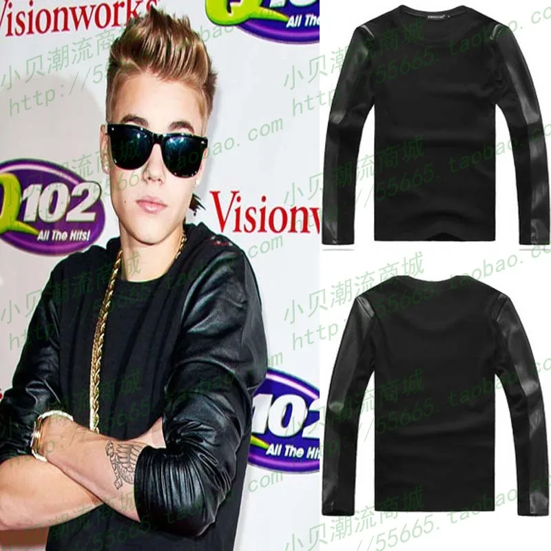 XS-6XL 2024 New Men\'s Clothing Star Justin Bieber Fashion Slim Black Leather Sleeves T-shirt Plus Size Singer Costumes