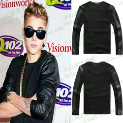 XS-6XL 2024 New Men's Clothing Star Justin Bieber Fashion Slim Black Leather Sleeves T-shirt Plus Size Singer Costumes