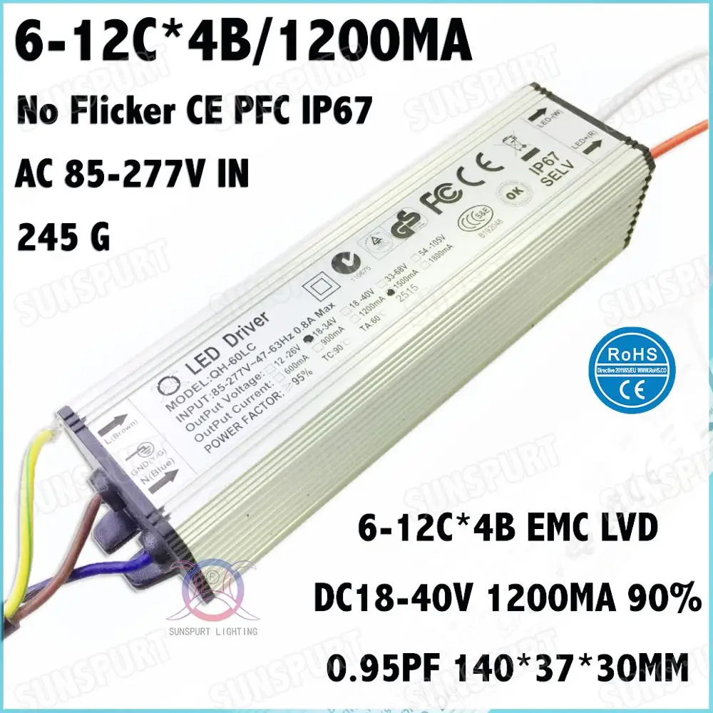 

2 Pcs No Flicker CE IP67 PF>0.9 60W AC85-277V LED Driver 6-12Cx4B 1200mA DC18-40V Constant Current For Spotlights Free Shipping