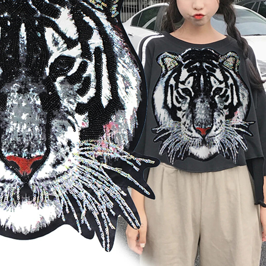 Large Tiger Head Patches Sequin Badge Patch Sticker Applique Tiger Head Sew on T-shirt Jackets Coats Garment Clothes Bag Decorat