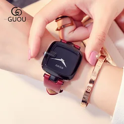 Fashion GUOU Brand New Fashion ladies Watch Square Genuine Leather Quartz Water Resistant Luxury Girl Gift Wristwatches