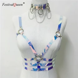 FestivalQueen Sexy Hollow Out Laser Crop Top for Women PVC Holographic Collar Choker Belt Harness Tank Top Rave Festival Tops Cl