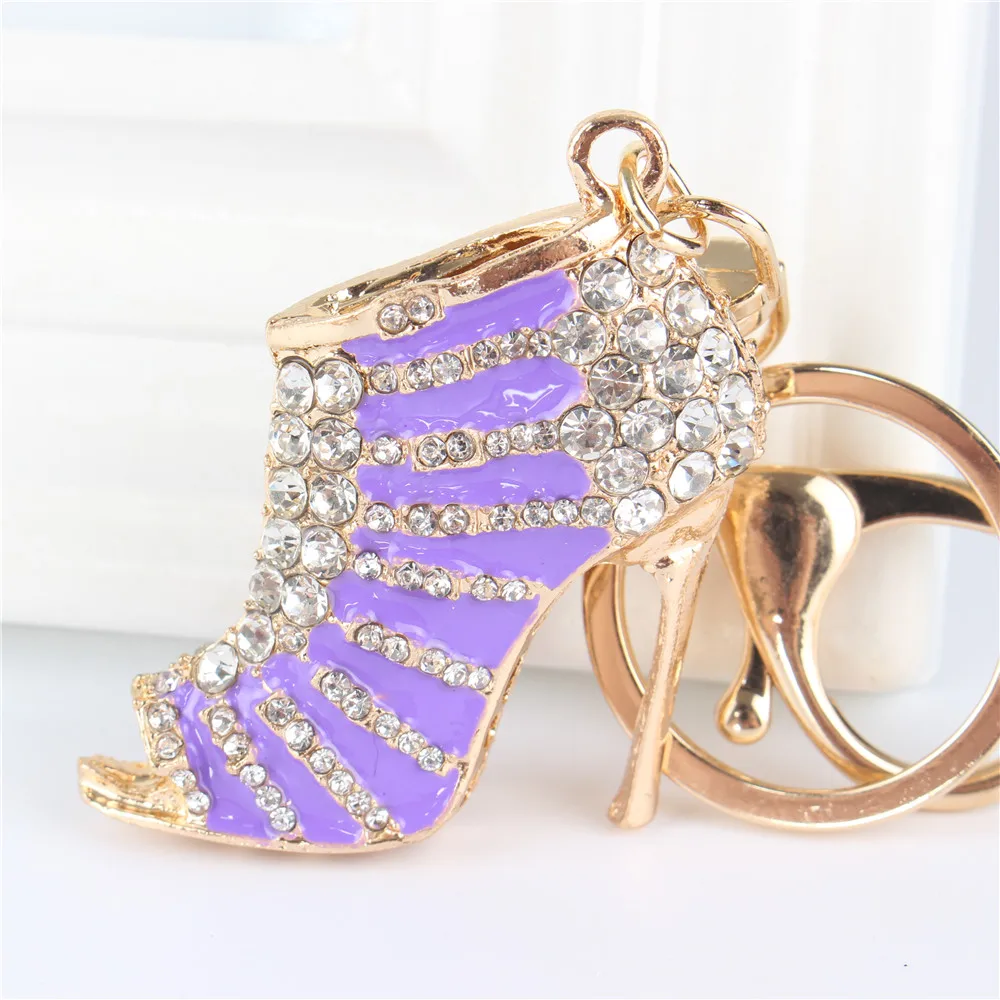 Purple High Heels Shoe Pendant Charm Rhinestone Crystal Purse Bag Keyring Key Chain Accessories Wedding Party Lover Gift