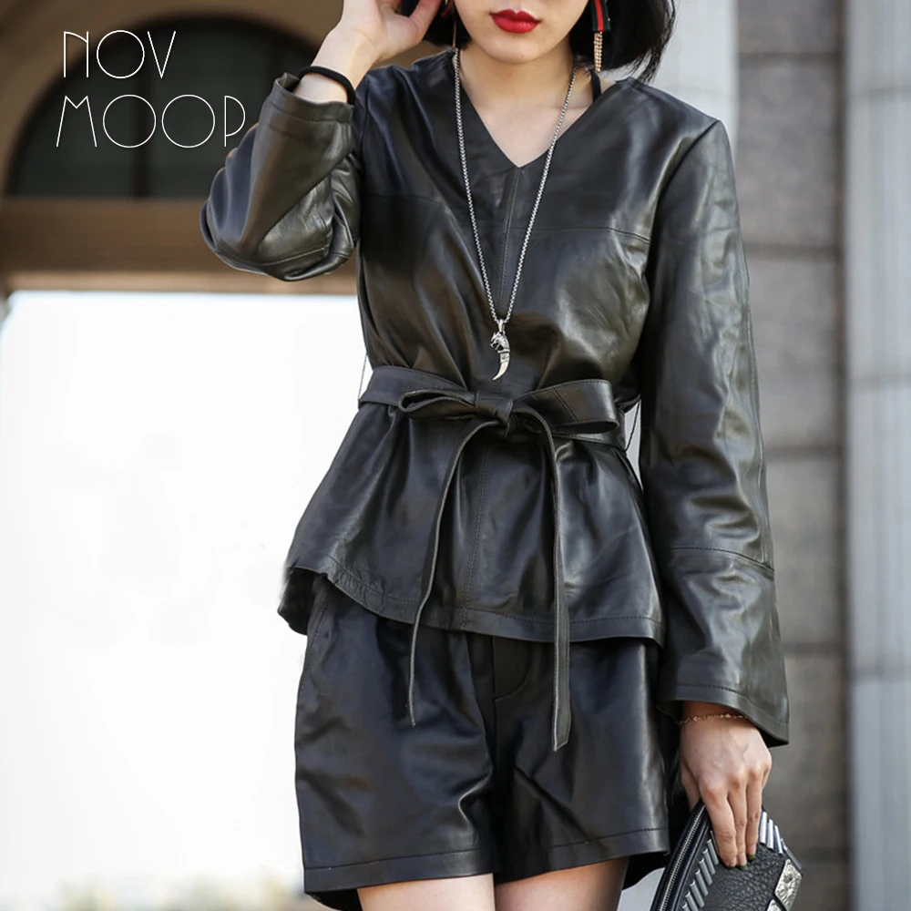 Black red genuine leather lambskin coat flare sleeve outwear with belt veste en cuir jaqueta de couro chaqueta mujer LT2046