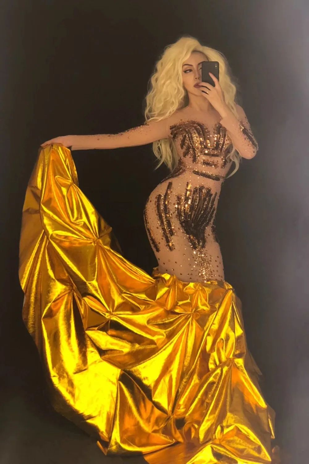 Kobiety świecące dżetów złote cekiny seksowna sukienka z tyłu formalna impreza dla piosenkarza jednoczęściowy kostium Bar występ na scenie