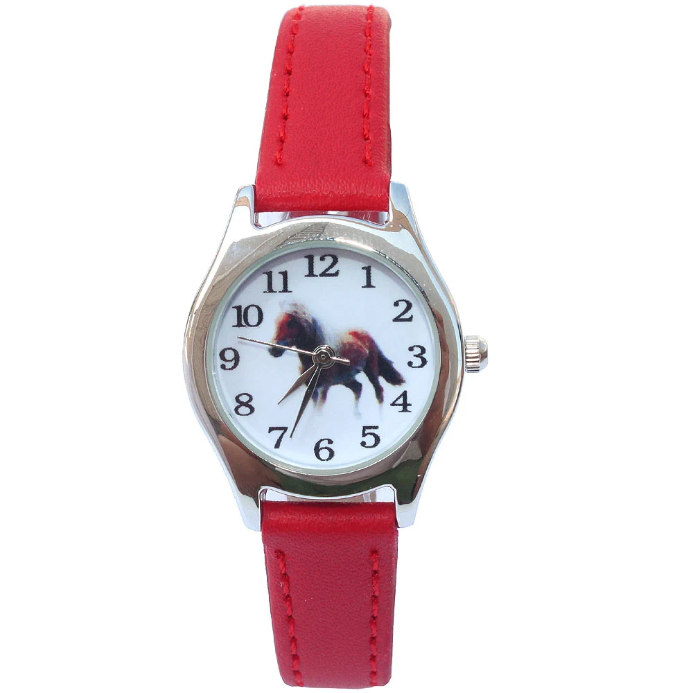 Popular Cute Girl Ladies Watch Kids Watches Horse Leather Quartz Student Kids Animal Cartoon Children Wristwatch U11 red