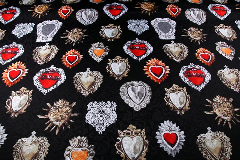 The Sacred Heart Red Stone Black Polyester Brocade Thin Jacquard Fabric for Woman Autumn Dress Skirt Coat Jacket Pants Sewing