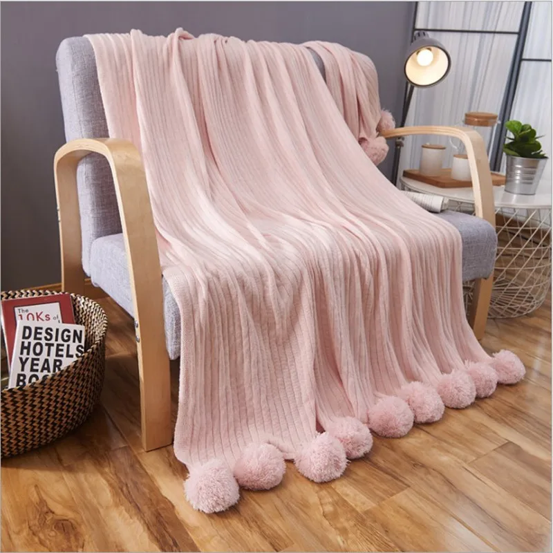 

100% cotton high quality throw stripe knit blanket with ball white, gray, pink, green blanket for sofa