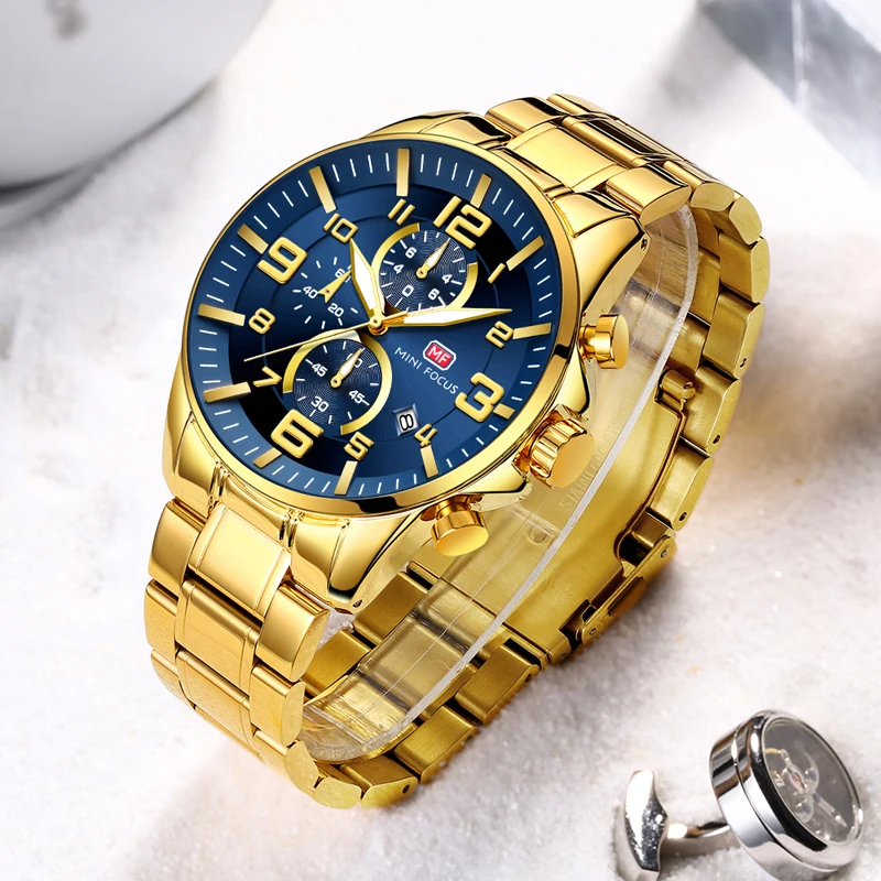 Mini focus relógio quartzo dourado azul, relógio masculino social de aço inoxidável cronógrafo para homens 0278g