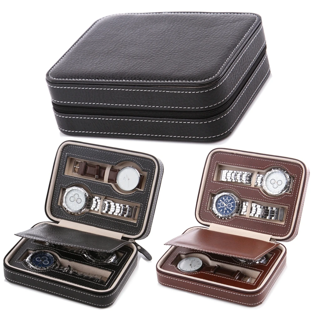 

4 Slots Leather Watch Case Storage With Zipper Personalized Collection Luxury Portable Leather Bag Watch Bag Watches Accessory