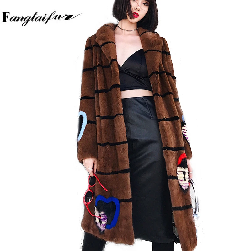 

Ftangaiur Winter Import Velvet Mink Fur Coat Turn-Down Collar Striped Print Mink Coat Women X-Long Real Mink Fur Coats