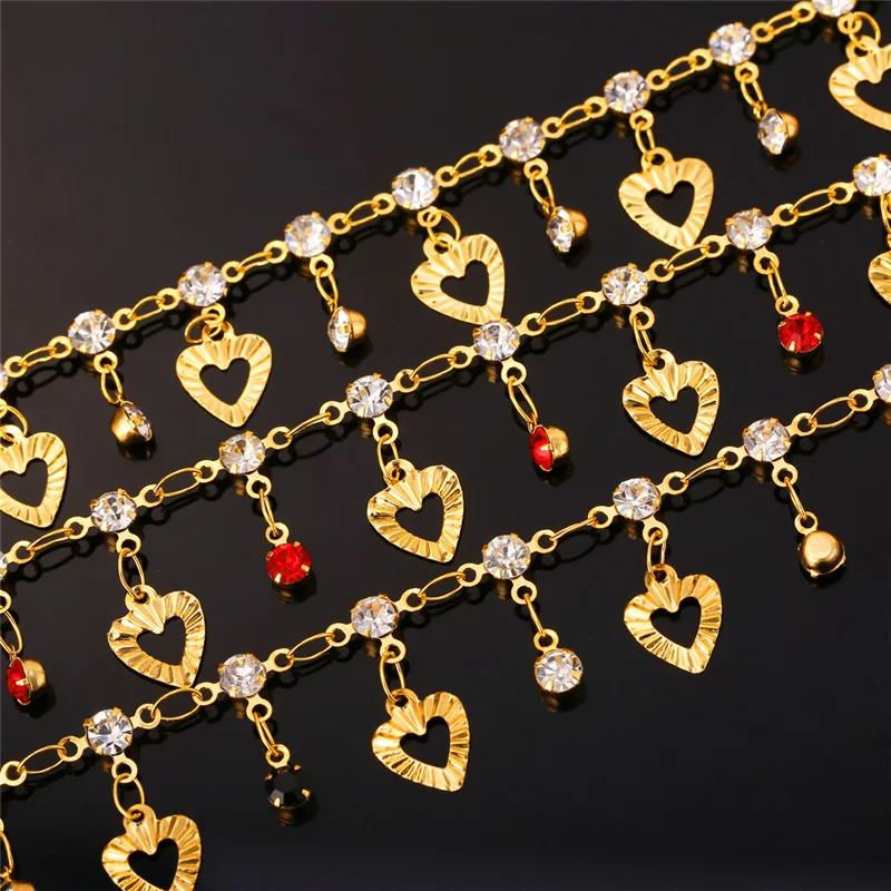 U7 Trendy Heart Anklet Summer Jewelry Gift Red Crystal Gold Color Ankle Foot Chain Bracelet For Women A301