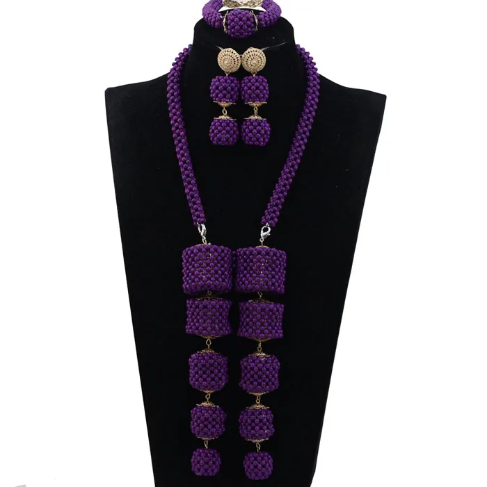 Latest Design Nigerian Wedding African Beads Jewellery Sets Purple Bridal Crystal Jewelry Sets Pendant Statement Necklace ABH463