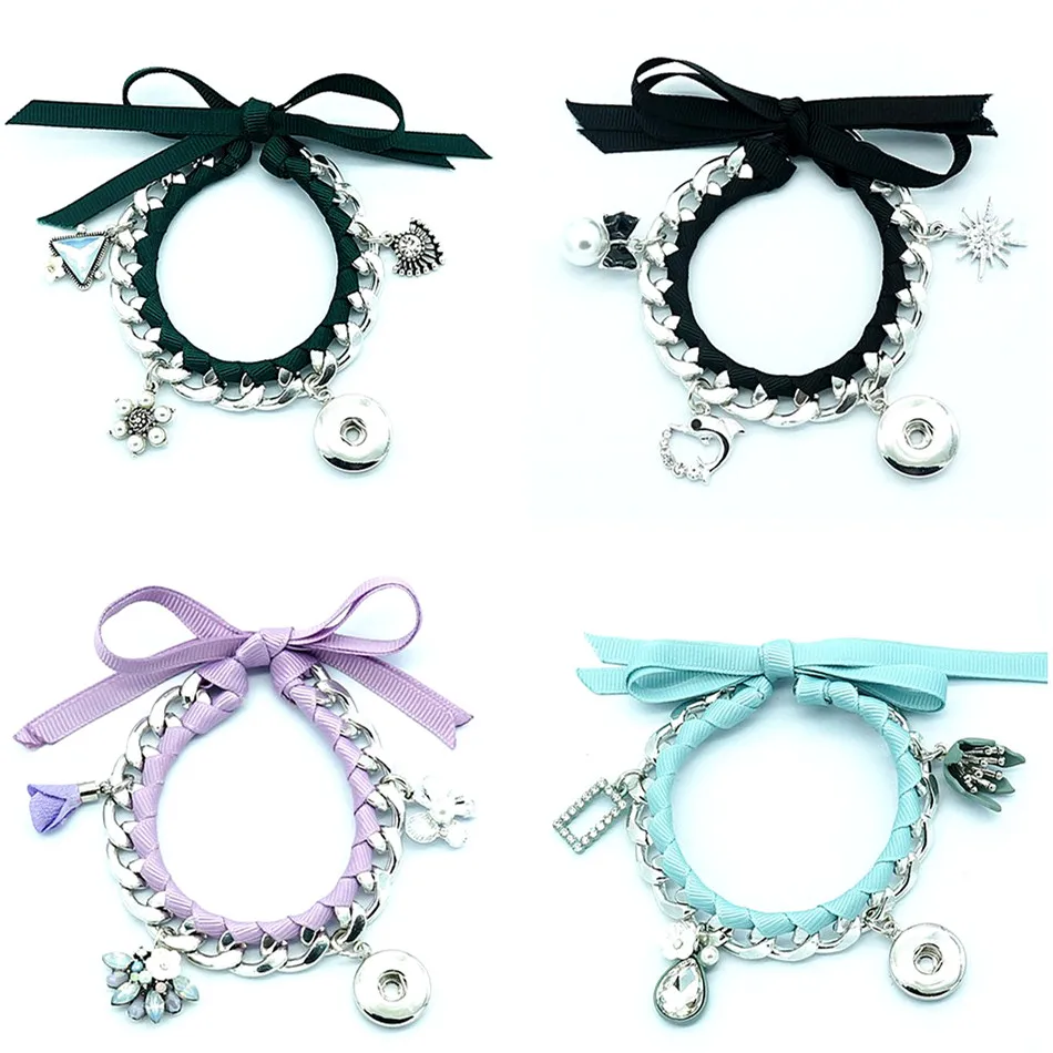 New Fashion SG0196 manual Colorful Ribbon Bow Christmas charms snap bracelets 19CM fit 18MM snap buttons