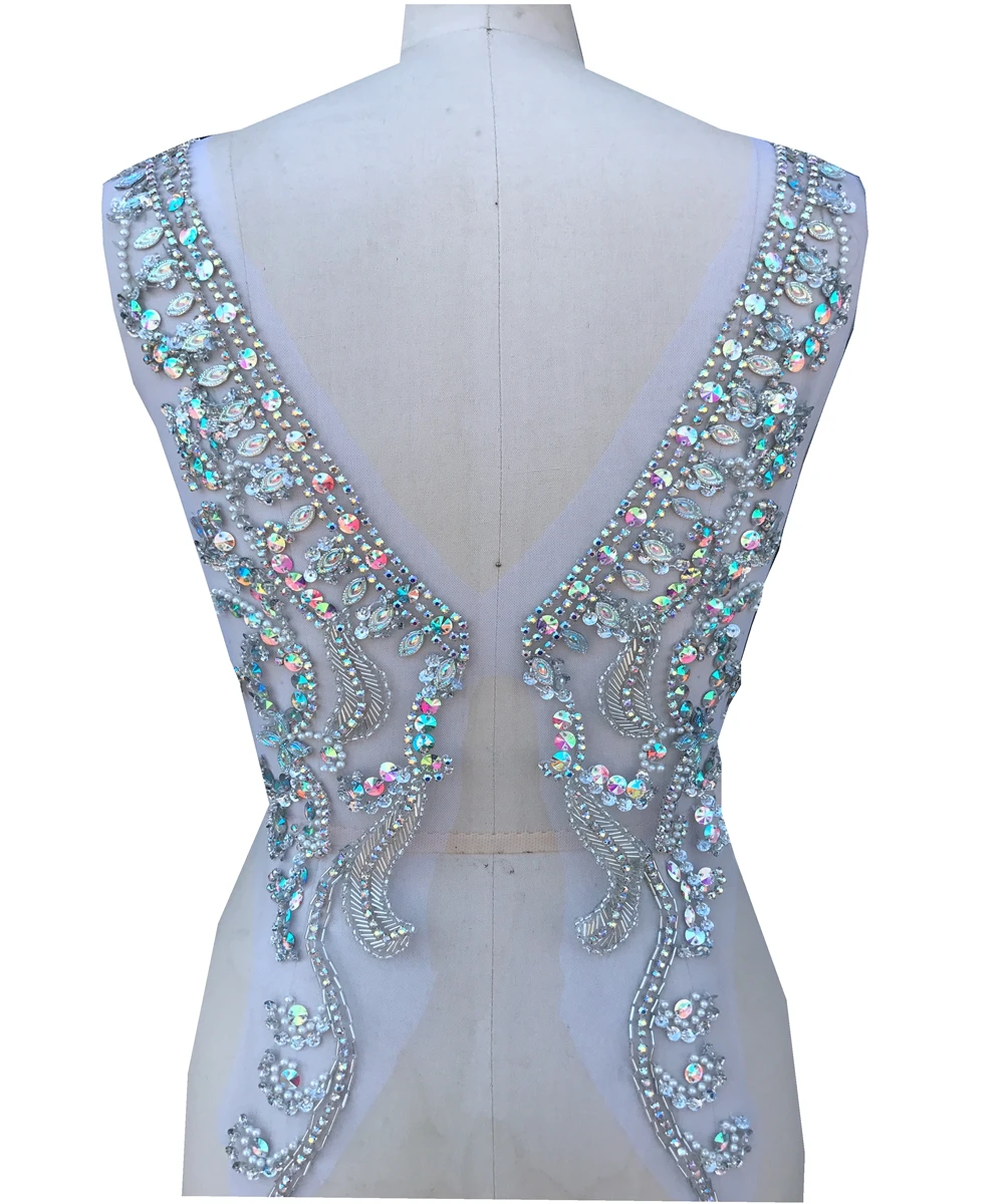 Applique di strass di colore AB trasparente fatto a mano cucire su perline patch di rifinitura per abito da sposa parte anteriore e posteriore