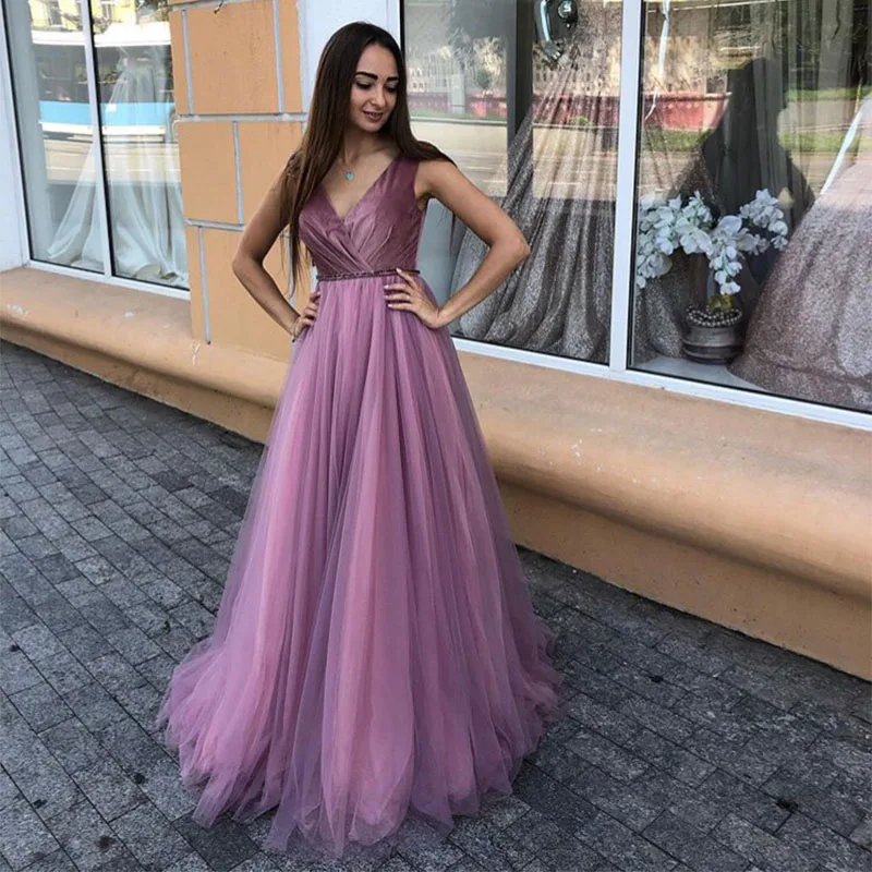 Eenvoudige V-hals Prom Jurken Romantische Paars Pleats Satin Lange Formele Party Jurk 2019 Nieuwe Speciale Gelegenheid Robe De Soiree