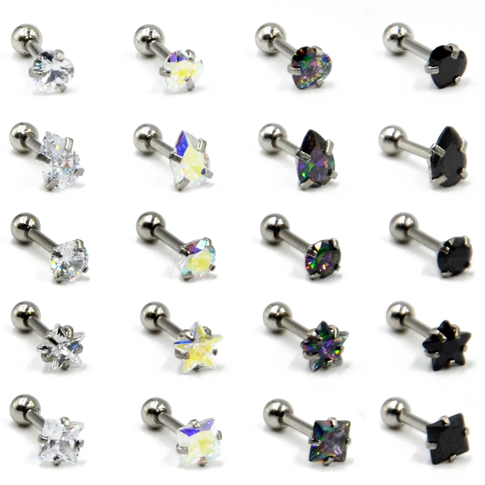 16G Surgical Steel Ear Tragus Cartilage Earring Heart Star Round  Zircon Ear Studs Ring Body Piercing Jewelry Wholesale