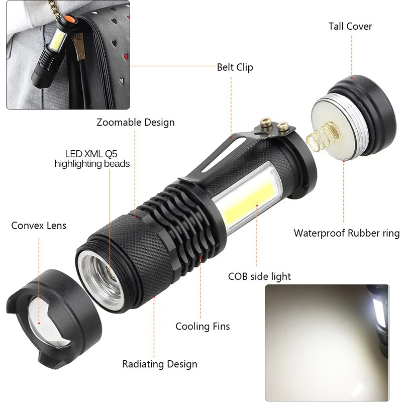 Torcia a LED portatile Mini Q5 + COB Zoom 4 modalità torcia torcia uso AA 14500 batteria lanterna di illuminazione impermeabile