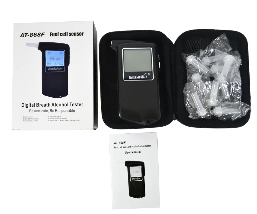 New Police Breathalyzer 2.0\' Big LCD Alcohol Tester AT868F Alcotest Display Temperature with 10 mouthpiece Free Shipping