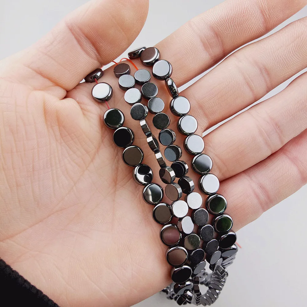 WLYeeS Round Coins Hematite Beads Natural Black Stone Flat Spacer Loose Bead for Jewelry Bracelet Earring Making Accessories DIY
