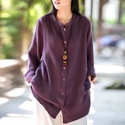 Double Cotton linen Cardigan spring and autumn shirt outwear soft comfortable long sleeve button blouse coat chemise femme