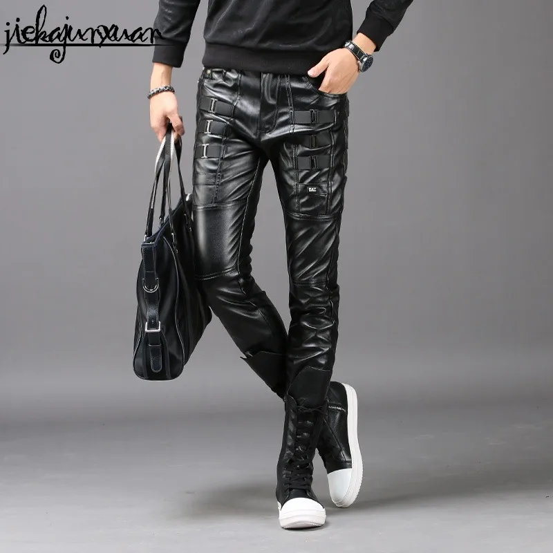 2021 Autumn Winter Slim Men's Pu Thickening Warm Casual Tight Leather Pants Korean Small Pencil Pants Men Slim Fashion Trousers