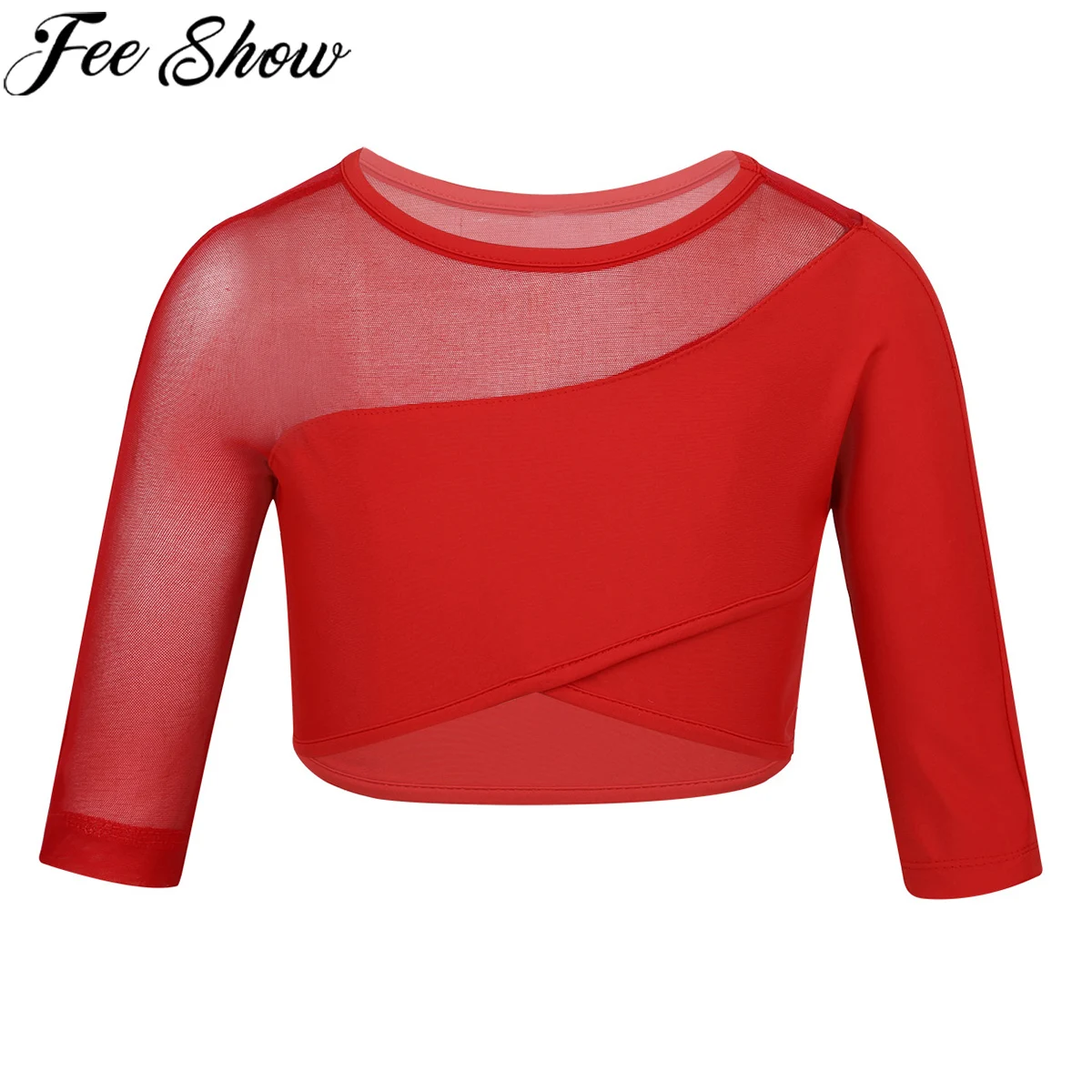 FEESHOW Kids Girls Tank Top Asymmetrical Mesh Neckline Sleeve Bottom Hem Crop Top T-Shirt Ballet Dance Stage Performance Workout