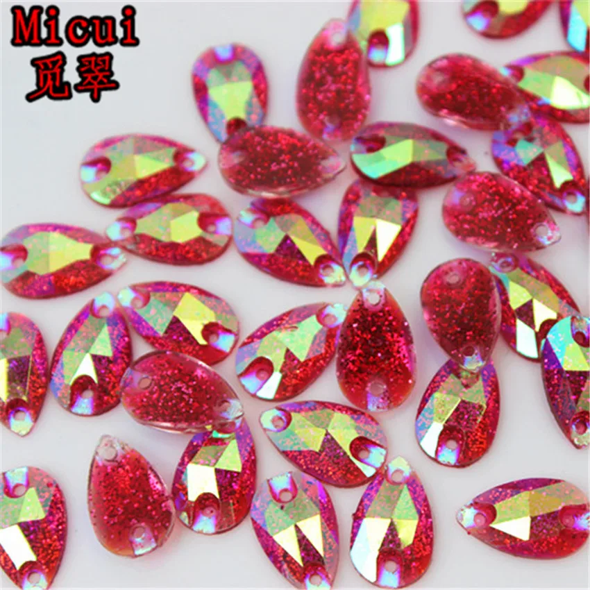 Micui 100PCS 7*12mm Drop AB Color Resin Rhinestone Crystal Stones Flatback Beads Sew On With 2 Holes For Dress Garment MC703