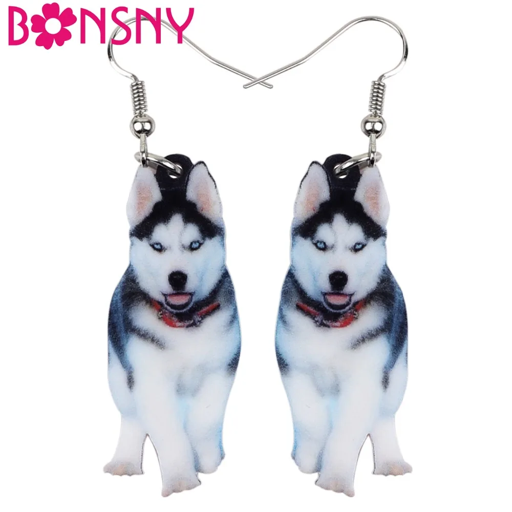 Bonsny Acrylic Handsome Siberian Husky Dog Earrings Big Long Dangle Drop Gifts for Women Girls Ladies Teens Animal Jewelry Bulk