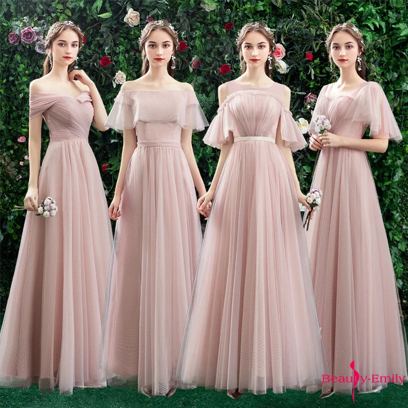 Beauty Emily Boat Neck Tulle Bridesmaid Dresses Long 2021 New Chiffon Ruched Ceremony Party Dress Vestido de dama de honor