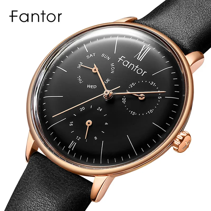 Fantor Brand Woman Luxury Watch Fashion Elegant Ladies Chronograph Quartz Wristwatch Women Leather Wrist Watch Black