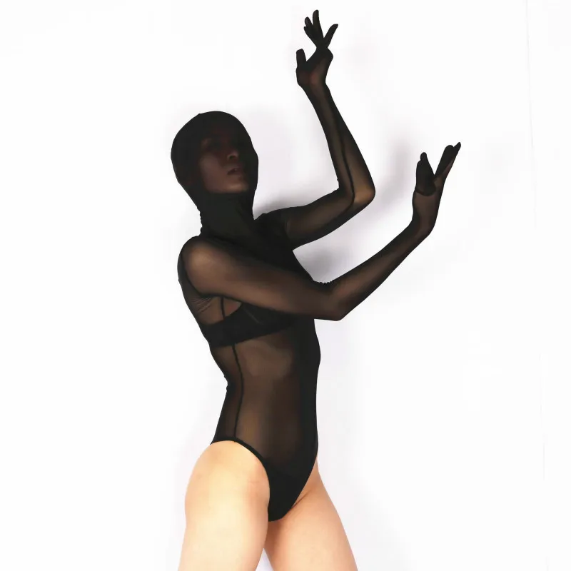 LinvMe Unisex Sexy Black Mesh Sheer Zentai Half Suit Long Sleeve Bodysuit Second Skin Suit