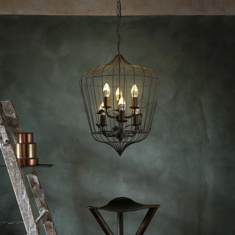 American country vintage wrought iron pendant light living room dining room lamp cafe bar candle bird cage pendant lamp ZA81137