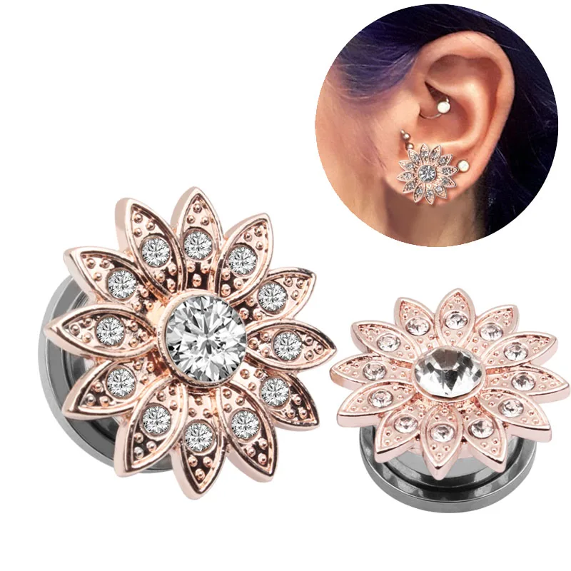 New Fashion Zircon Flower Design Round Rose Gold Screw Tunnels Piercing Ear Gauges Stretcher Body Jewelry Piercings Flesh Plugs