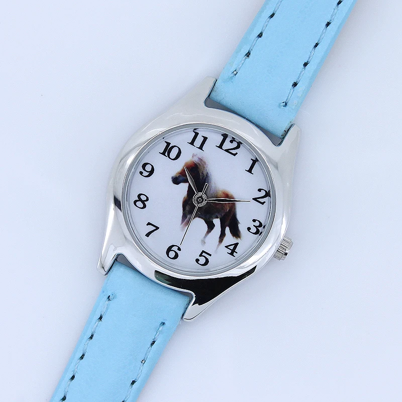 Fashion Girl Boy Watch Kids Watches Horse Blue Black Leather Quartz Student Kids Animal Cartoon Children Wristwatch U11