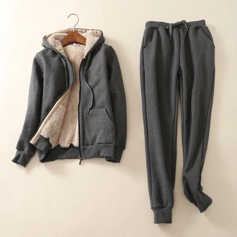 Autumn Winter New Cashmere Sweatshirt Women Set Large Size Casual Hooded Zipper Jacket Plus Velvet Sporting Suit Two Piece Set