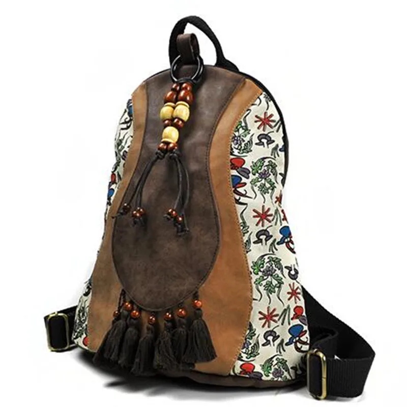 Girls\' Ethnic Trend Floral Print PU Casual Backpack with Wooden Beading and Tassels College Style Vintage Schoolbag Travel Bag