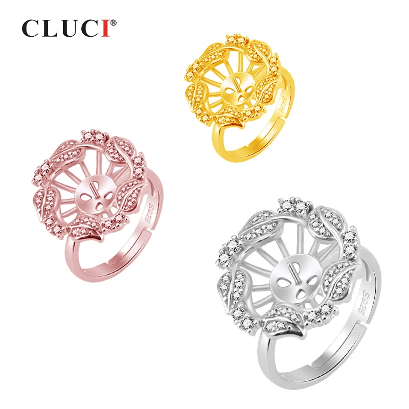 

CLUCI 925 Sterling Silver Flowers Ring For Women Zirconia Pearl Ring Mounting Jewelry for Wedding Silver 925 Flower Ring Gift