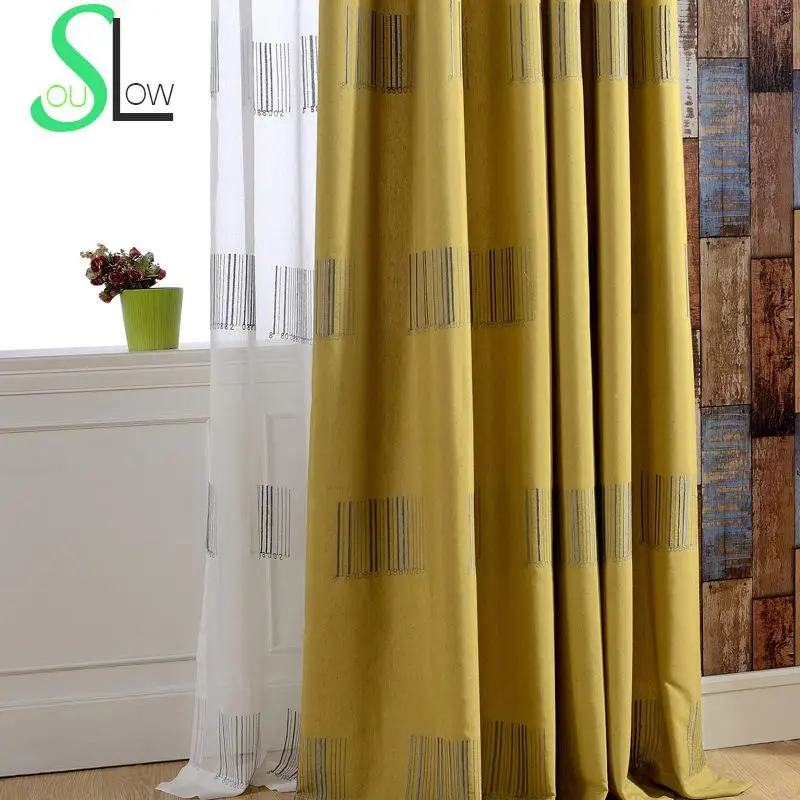 

Slow Soul Green Barcode Cotton Curtain Fabric French Window Embroidered Geometric Curtains For Living Room Tulle Kitchen Bedroom