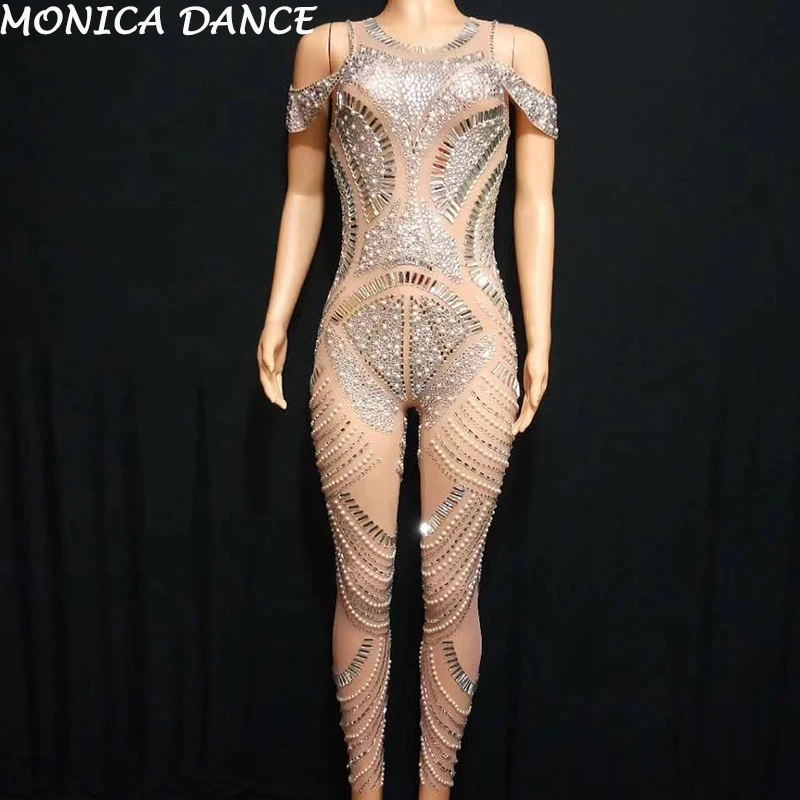 Vrouwen Sexy Zilveren Sparkly Steentjes Mesh Jumpsuit Zanger Dans Outfit See Through Nachtclub Slijtage Verjaardag Vieren Jumpsuit