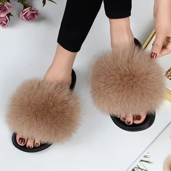 Zapatillas mullidas informales de verano para mujer con piel plana antideslizante piel de zorro Real chanclas peludas zapatos de talla grande sandalias de piel