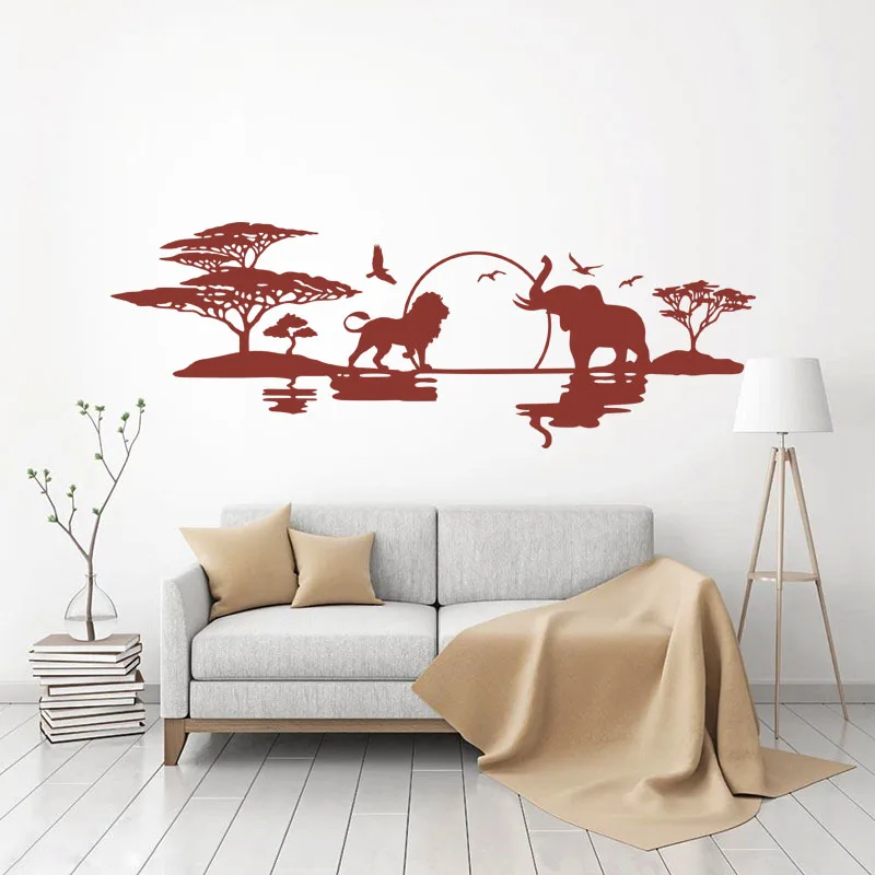 Savannah Horizon Vinyl Wall Art Decal Lions Birds and Elephants Mural Art Sticker Living Room Home Decor Poster House Decoration