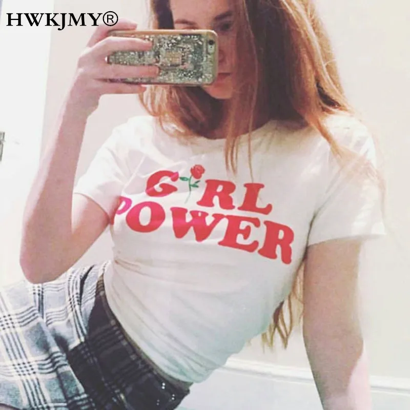 HWKJMY Summer Sexy Women Fashion Cotton Girl Power Letter Printed T-Shirt Female Shirt XS-3XL