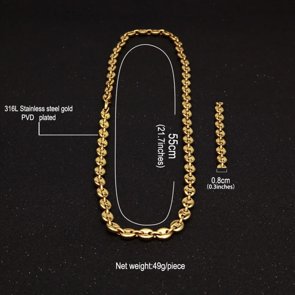 UWIN Stainless Steel Coffee beans Chain Necklace 8mm 55cm Hip hop Style Gold color Link Fashion Punk Choker Charms Jewelry