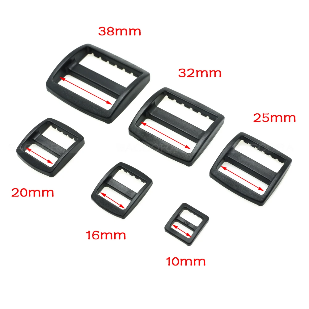 10pcs/pack Plastic Slider Tri Glide Adjust Buckles Belt Buckle Backpack Straps Webbing 10/16/20/25/32/38mm Wider Style Black