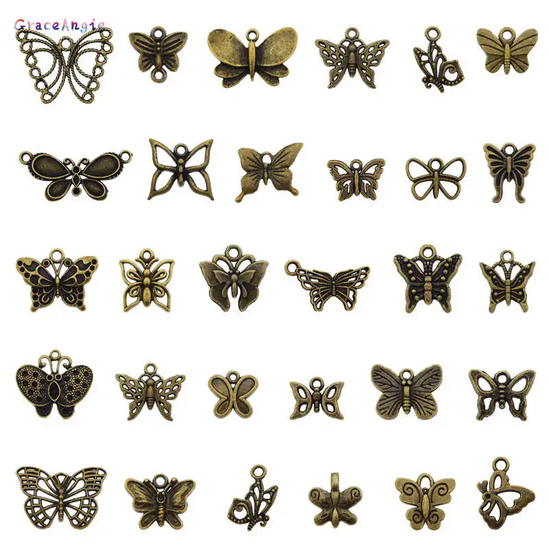 Retro 10-50pcs Mix Butterfly Pendant Antique Bronze Alloy Necklace Bracelet Pendant Charms DIY Women Handmade Craft Accessory