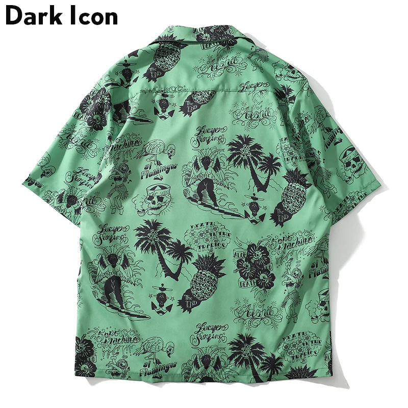 Dark Icon Skeleton Full Printed Retro Shirt Men 2024 Summer Street Men\'s Shirts Short Sleeved Shirts for Men Green White